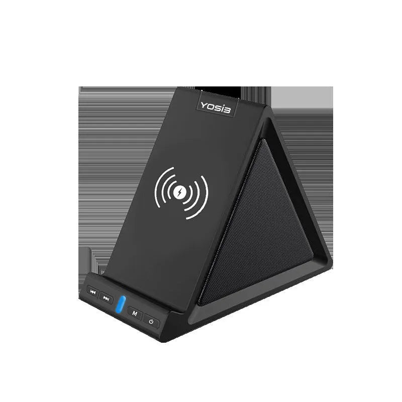 Black multifunction Bluetooth speaker with integrated mobile phone charging stand and holder.