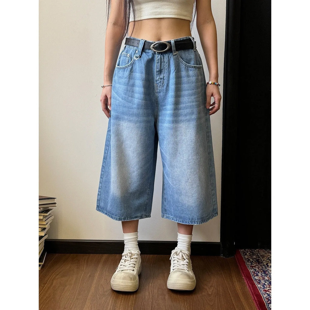 Men's straight leg denim shorts summer fifth length loose fit micro elastic