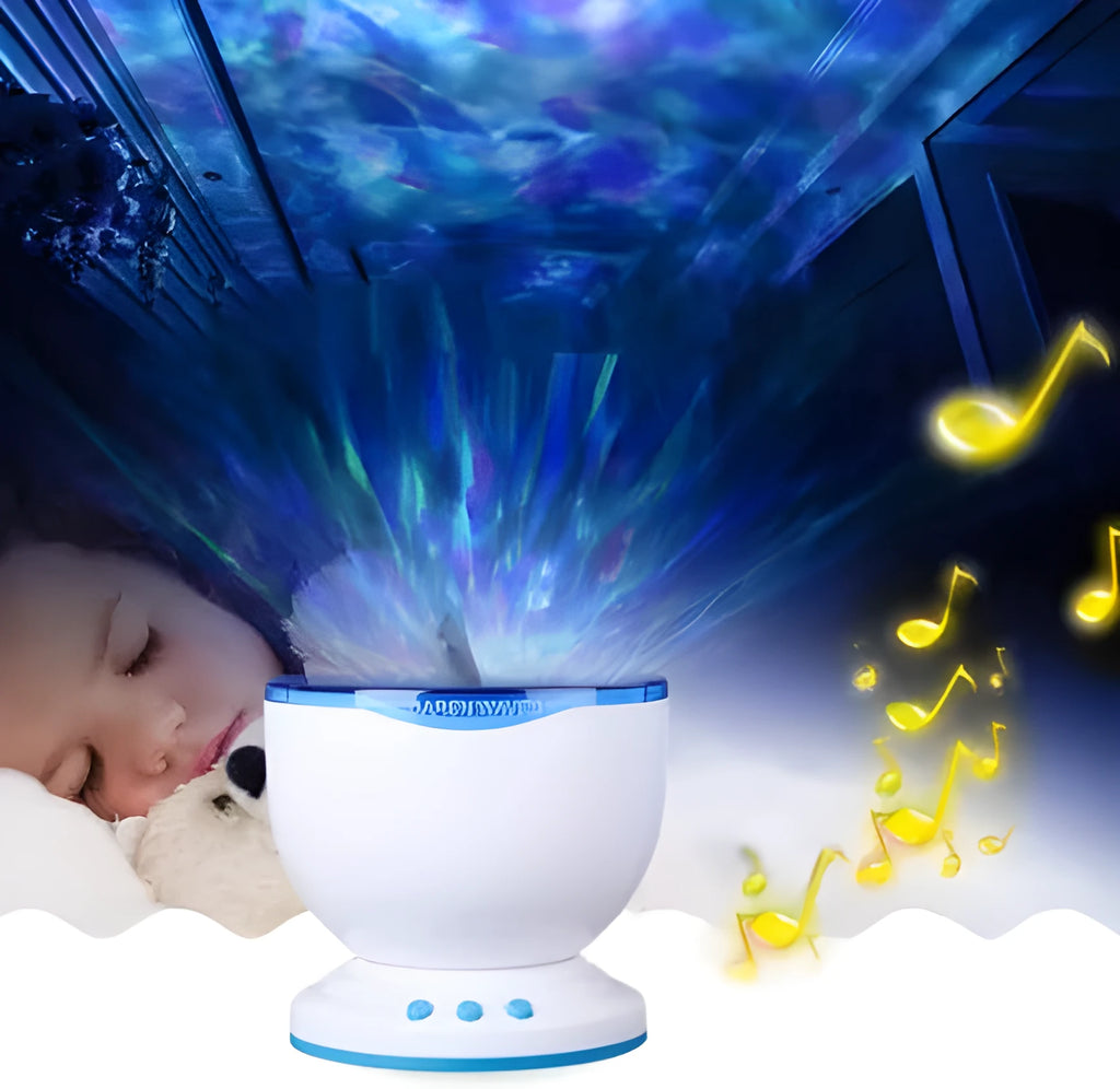 Blue ocean theme LED projection lamp for children's rooms on a wooden surface.