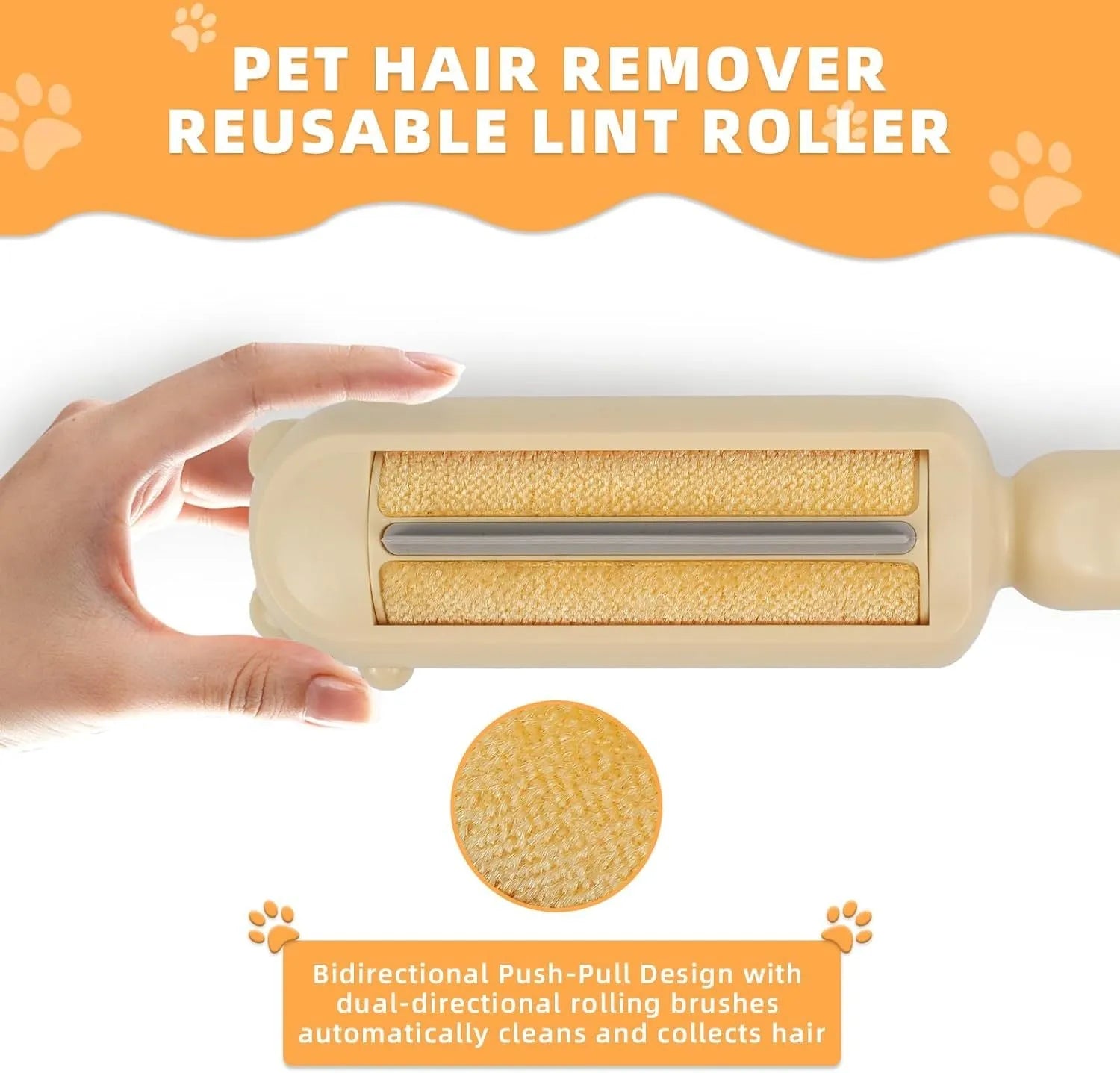 Blue reusable pet hair remover tool with self-cleaning base for furniture and car seats.