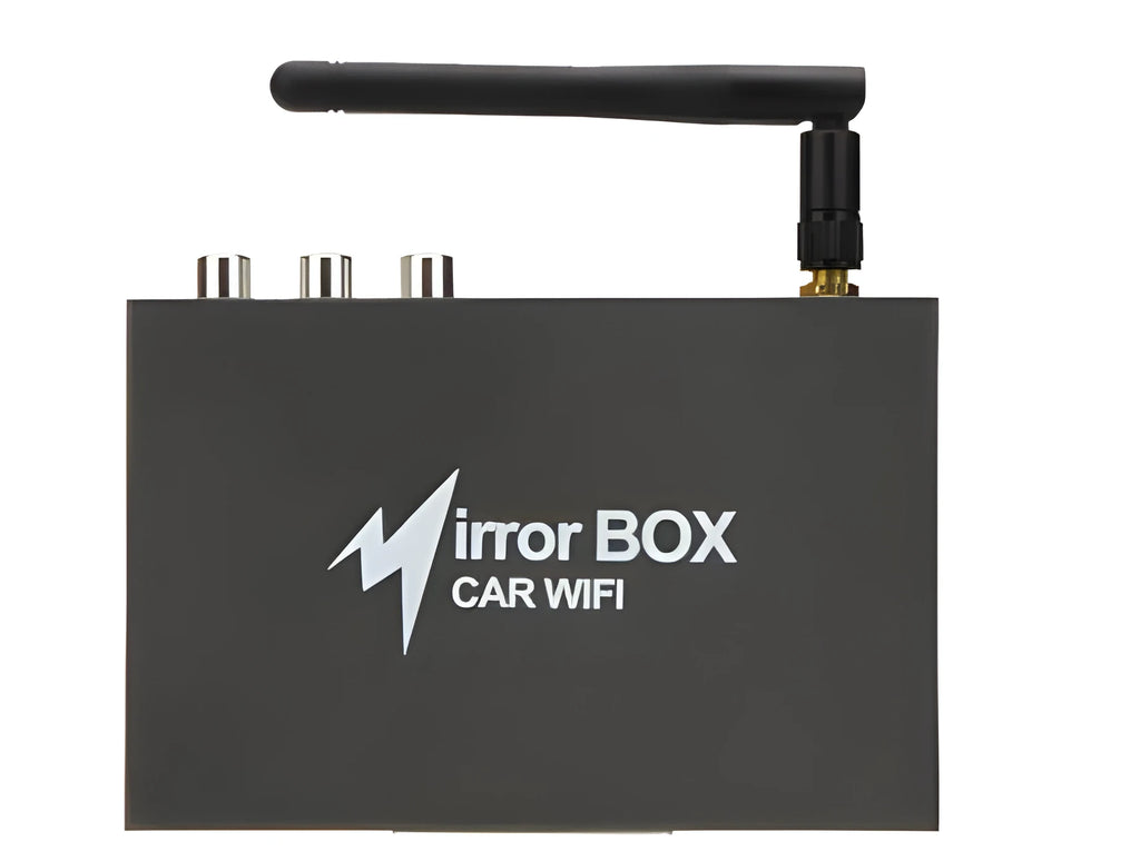 Black car mirror link box with Wi-Fi antenna for smartphone screen mirroring to vehicle display