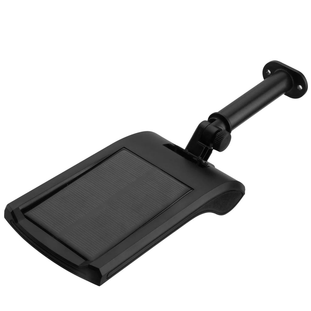 Black 36 LED solar-powered wall light with motion sensor and adjustable mounting bracket.