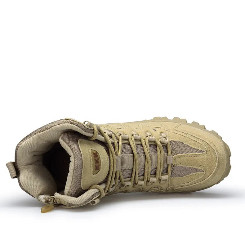 Men's black and sand US Army Delta tactical boots with rubber sole for outdoor sports.