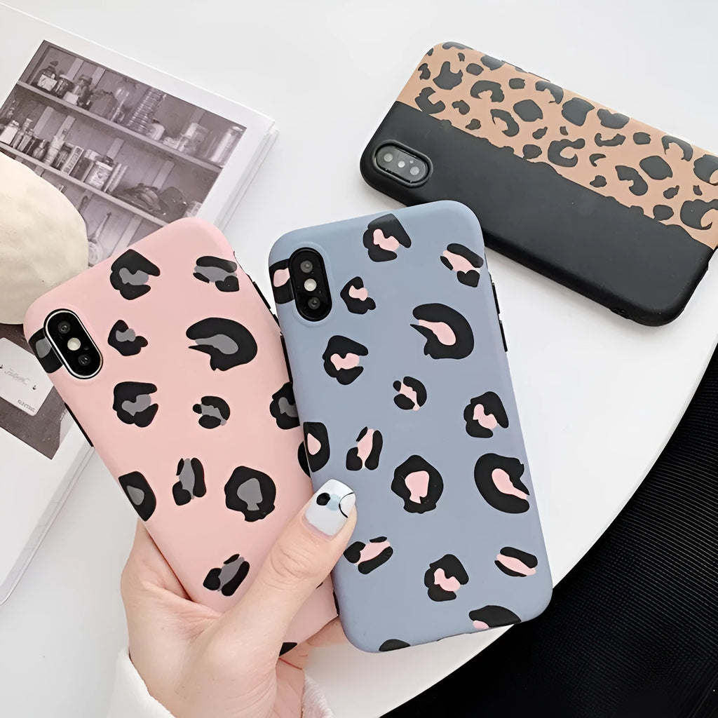 Leopard print iPhone case in black, blue, and pink colours for multiple iPhone models.