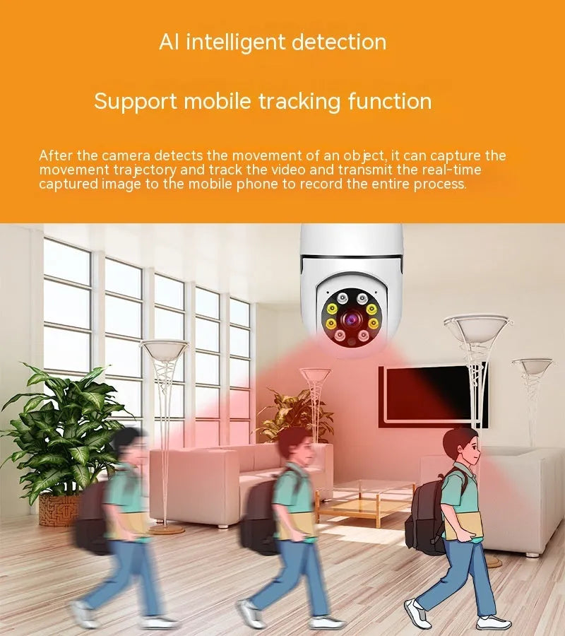Wireless wifi security bulb camera with plastic and metal construction for indoor and outdoor 1080p monitoring.