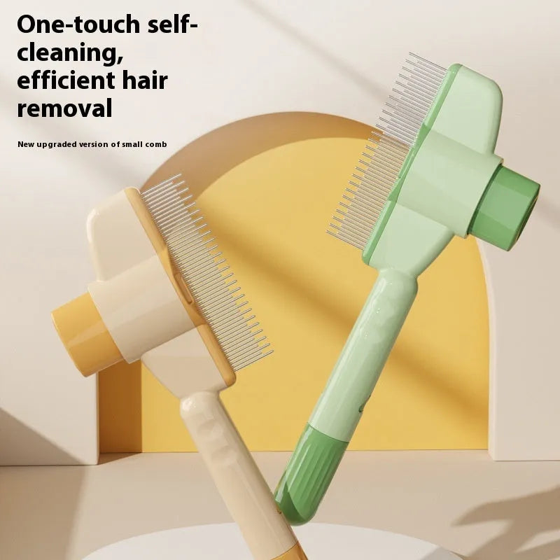 Green and yellow self-cleaning pet comb with stainless steel teeth and a release button on the handle.