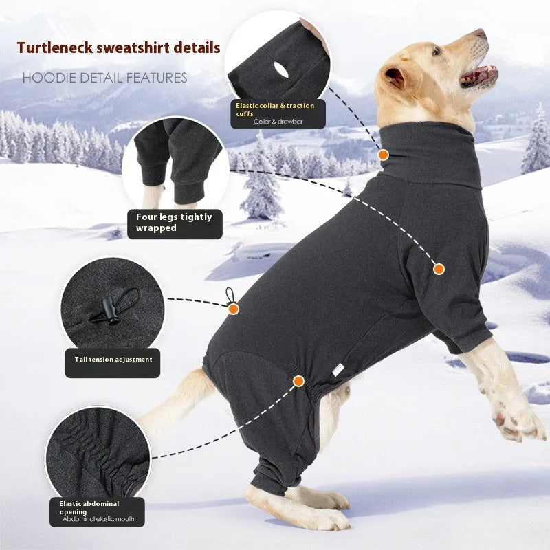 Dark grey polar fleece four-legged dog clothes with high collar on a medium-sized dog