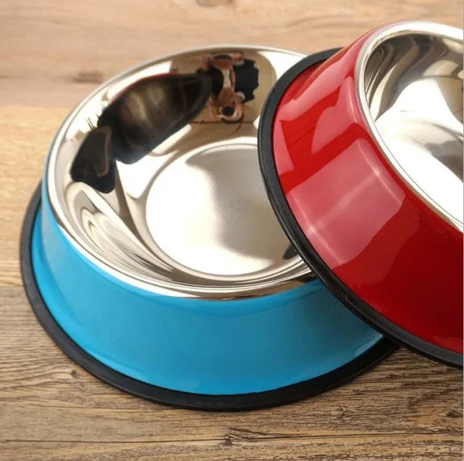 Stainless steel and colourful melamine pet bowl with non-slip rubber ring base in pink, green, red, blue, orange, yellow.