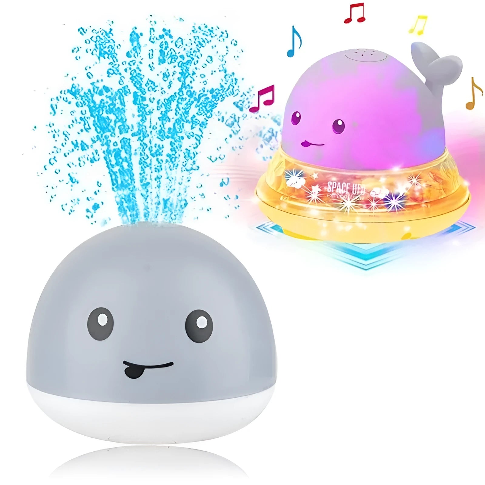 Whale-shaped electric bath toy with water spray, flashing lights, and automatic water sensing feature