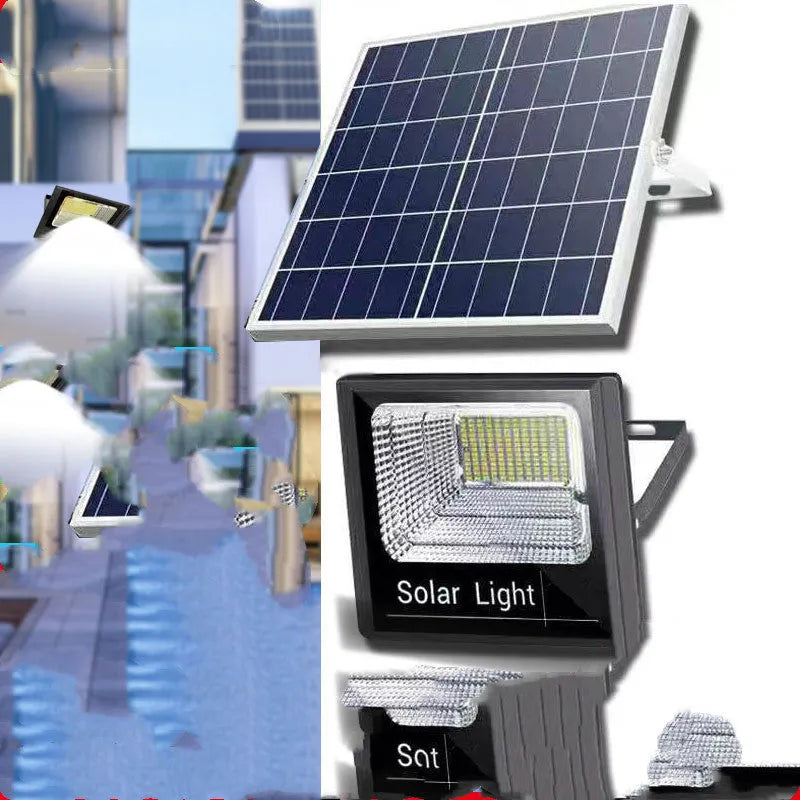 Black solar-powered LED flood light for outdoor garden and security lighting.