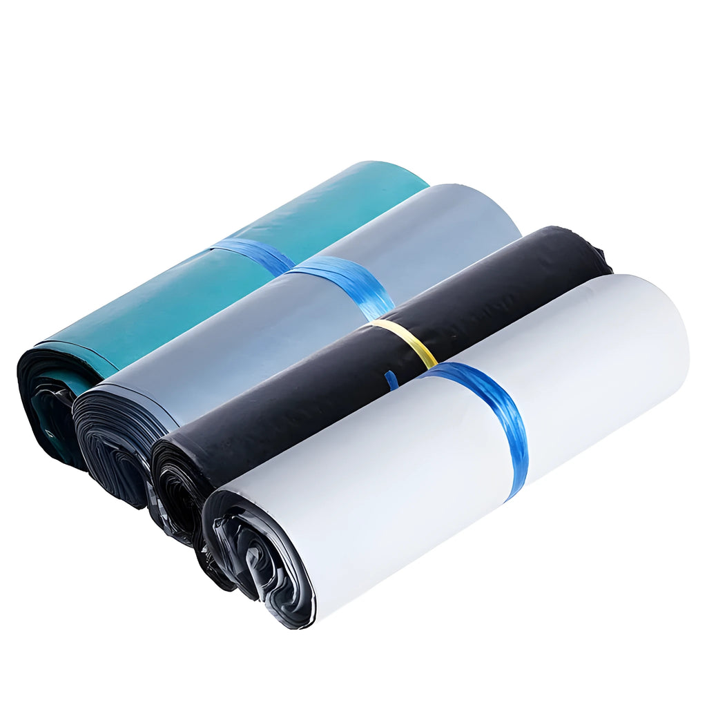 A bundle of 100 flat, clear PE plastic courier bags for clothing with adhesive sticker seals.