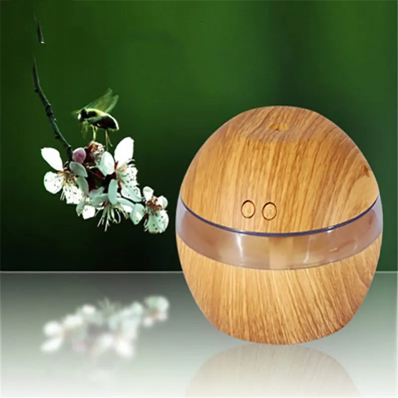 Brown wood grain USB desktop humidifier with 200ml water tank on a desk
