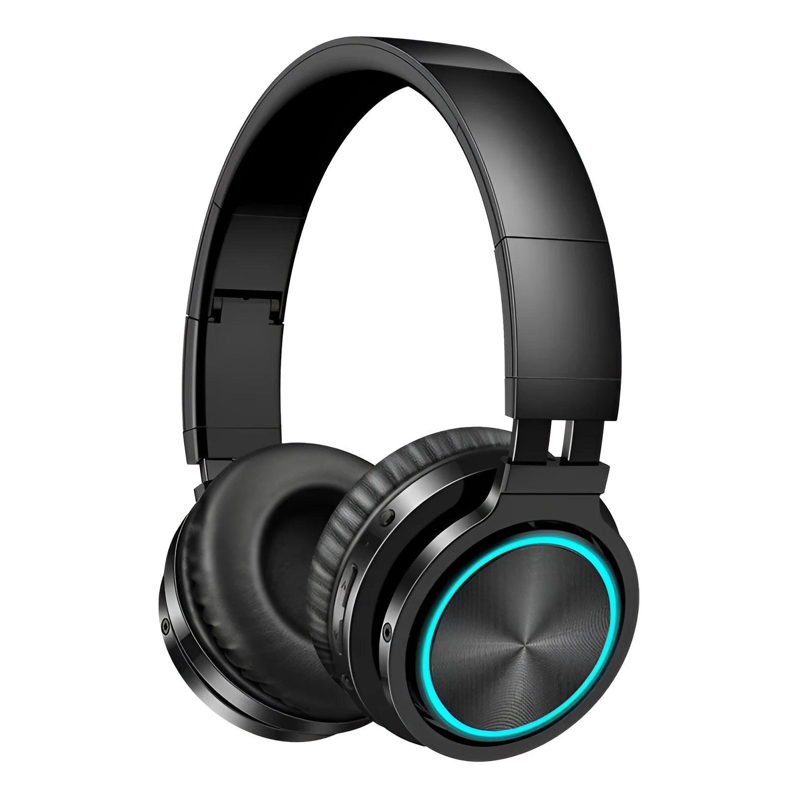 Folding wireless Bluetooth headset in black, black and red, or white and grey colours showing head-mounted design