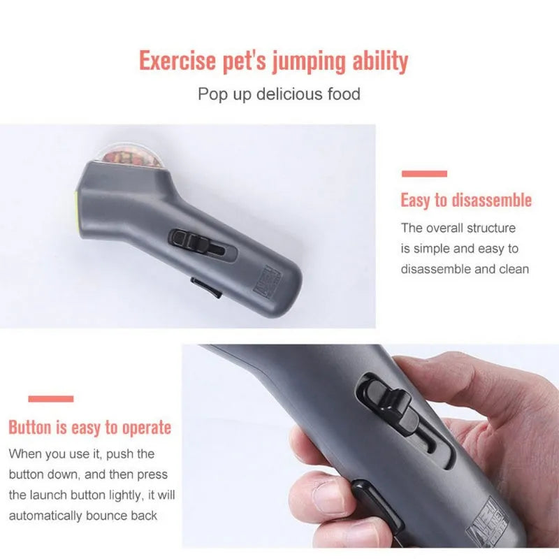 Grey pet snack catapult launcher measuring 18x7.5x3.5cm for treat ejection up to 3 metres