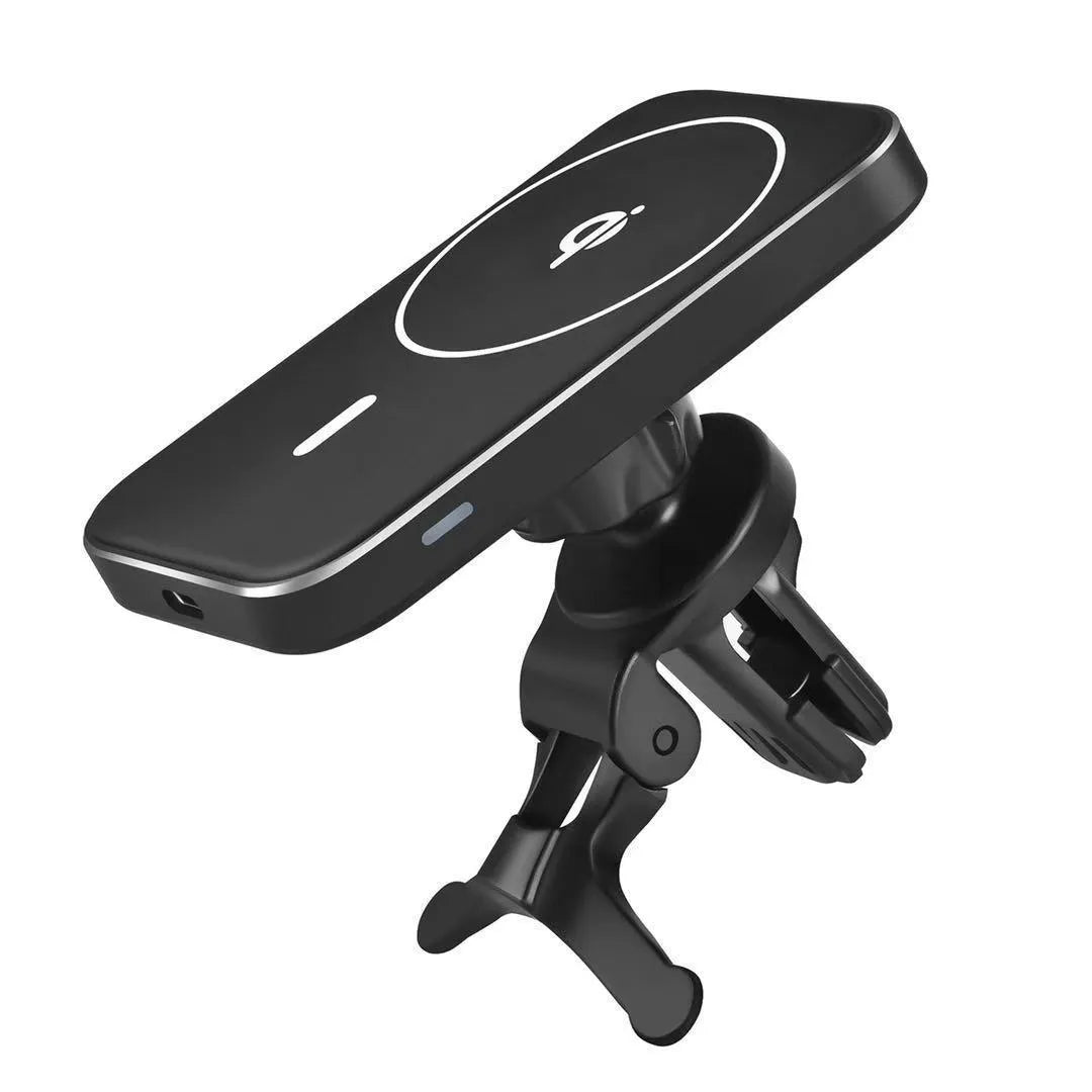 Black M6 magnetic wireless car charger bracket mounted in vehicle