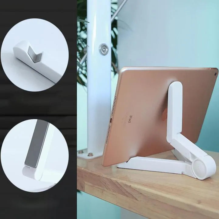 Black foldable tablet holder showing folded size and non-slip rubber surface for device protection