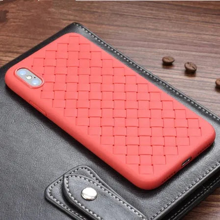 Luxury grid weaving iPhone case in eco-friendly TPU showing weaving pattern and precise port cutouts