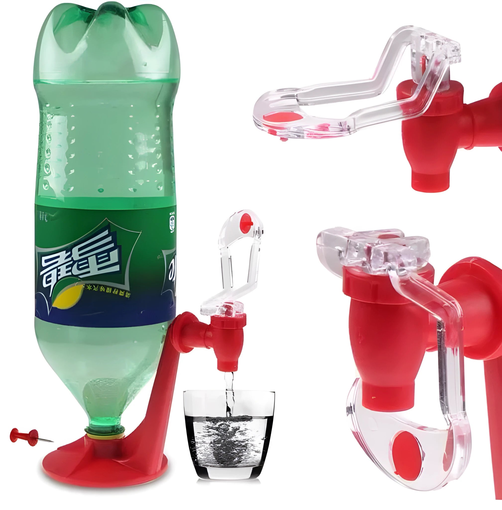 Red Magic Tap soda dispenser attached to inverted 2-litre bottle for push-button drink serving