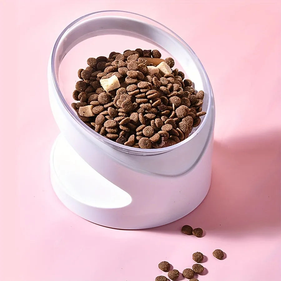 White elevated clear plastic cat food bowl with tilted design for anti-vomit feeding