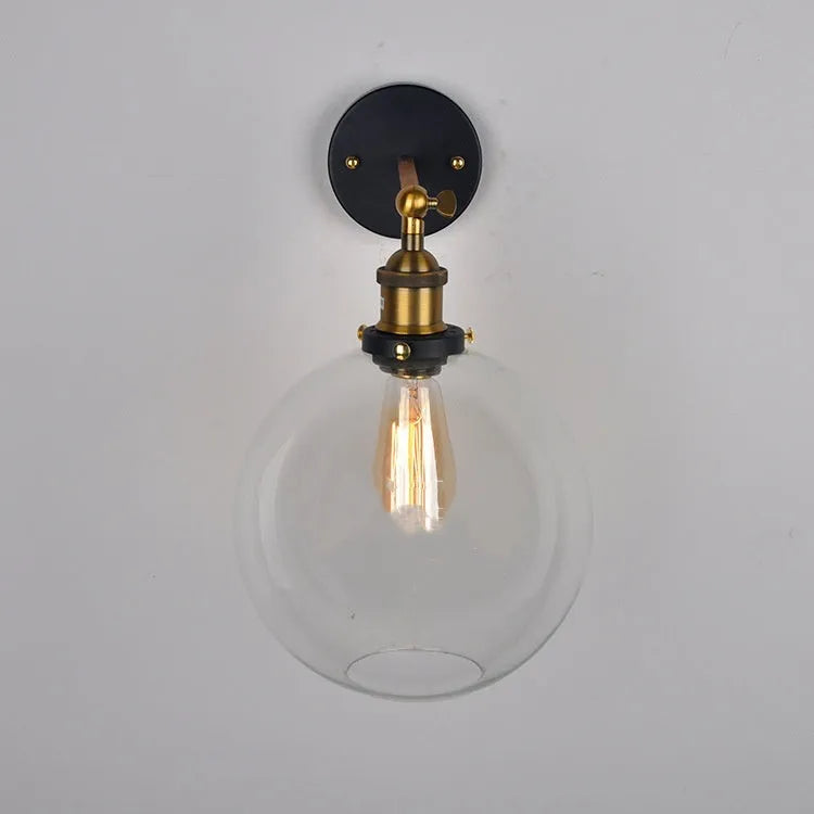 20cm diameter retro round ball glass wall lamp with aluminium holder in amber, smoky grey or clear colour.