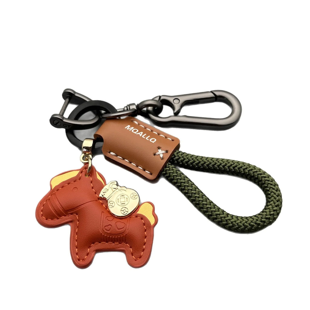 Handmade cowhide car key ring pendant with zinc alloy pony belt buckle and coloured flanelle rope