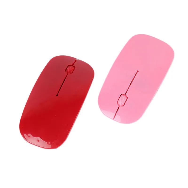 Ultra-thin wireless USB mouse shown in multiple colour options: black, blue, green, pink, red, white.