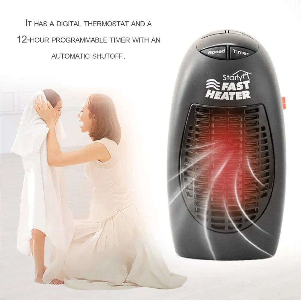 Black mini ceramic electric heater with digital display and rotating plug on a white background