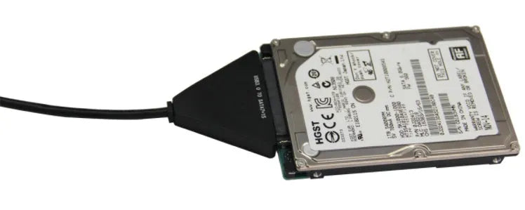 Black USB3.0 to SATA 7+15 pin hard drive adapter cable with a separate power connection line.