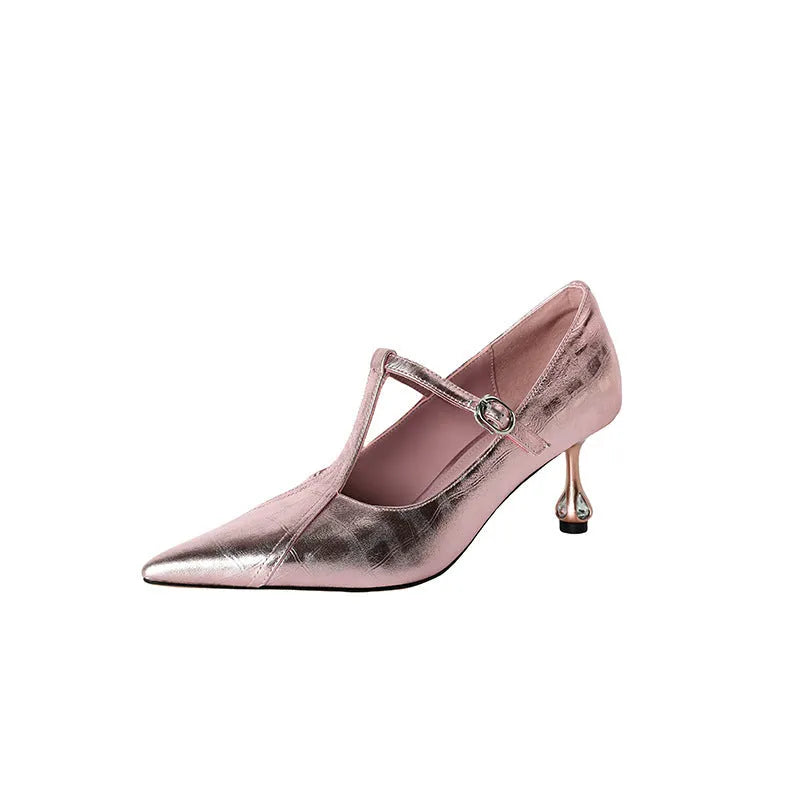 Genuine leather pointed-toe Mary Jane pumps with a chunky mid-heel in gun colour.