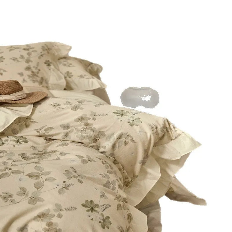 Cotton and linen yarn-dyed four-piece bed set with raw jute colour plants and flowers pattern, includes quilt cover, bed sheet, two pillowcases