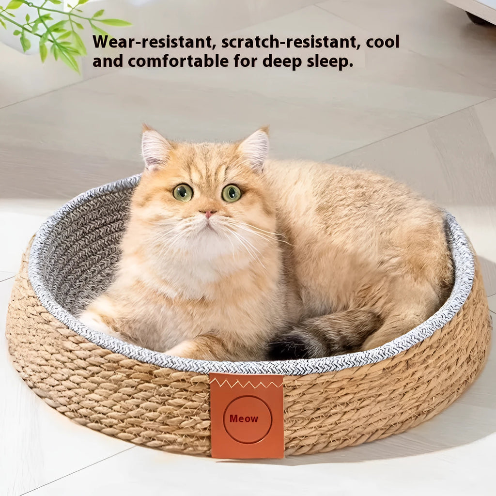 A rattan woven cat nest bed in a cage style, shown in a size suitable for a medium cat.