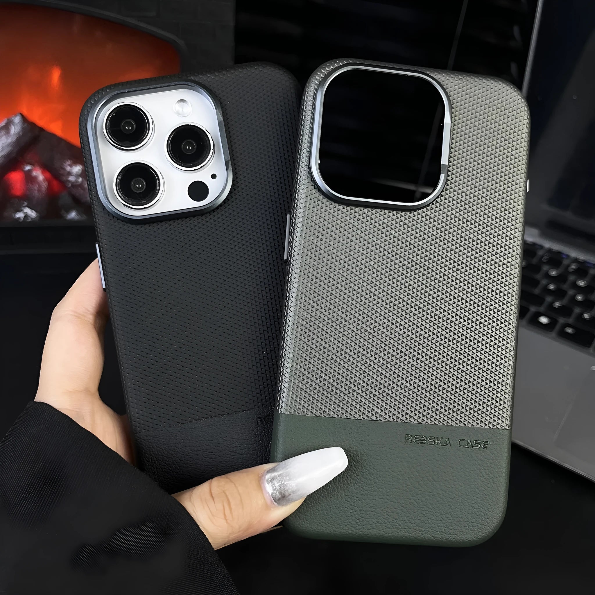 Black magnetic iPhone case with dragon scale texture and stitching, shown on an iPhone 15 Pro.