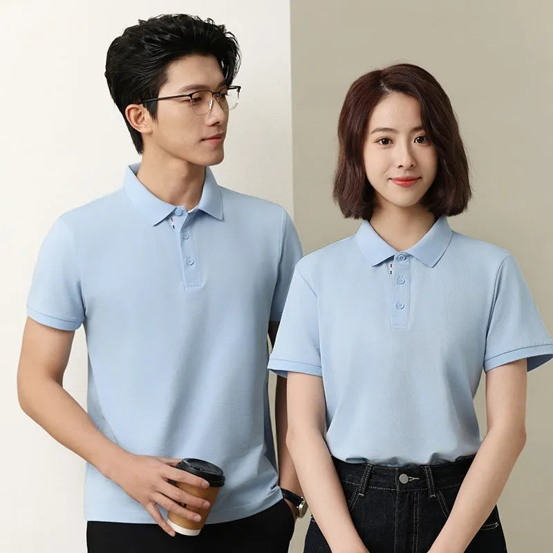 Solid colour short sleeve catering work polo shirt on a hanger, available in multiple colours and sizes.