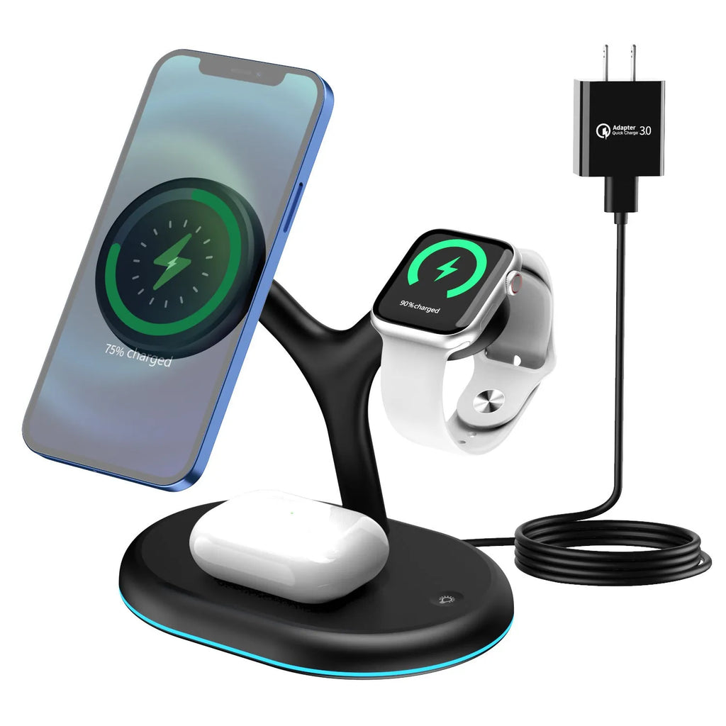 Black multifunctional three-in-one magnetic wireless charger on a desk