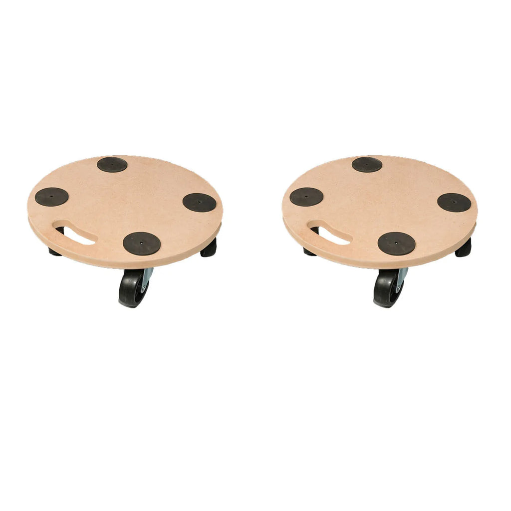 Two natural wood colour moving trolleys with non-slip platforms and wheels for heavy item transport