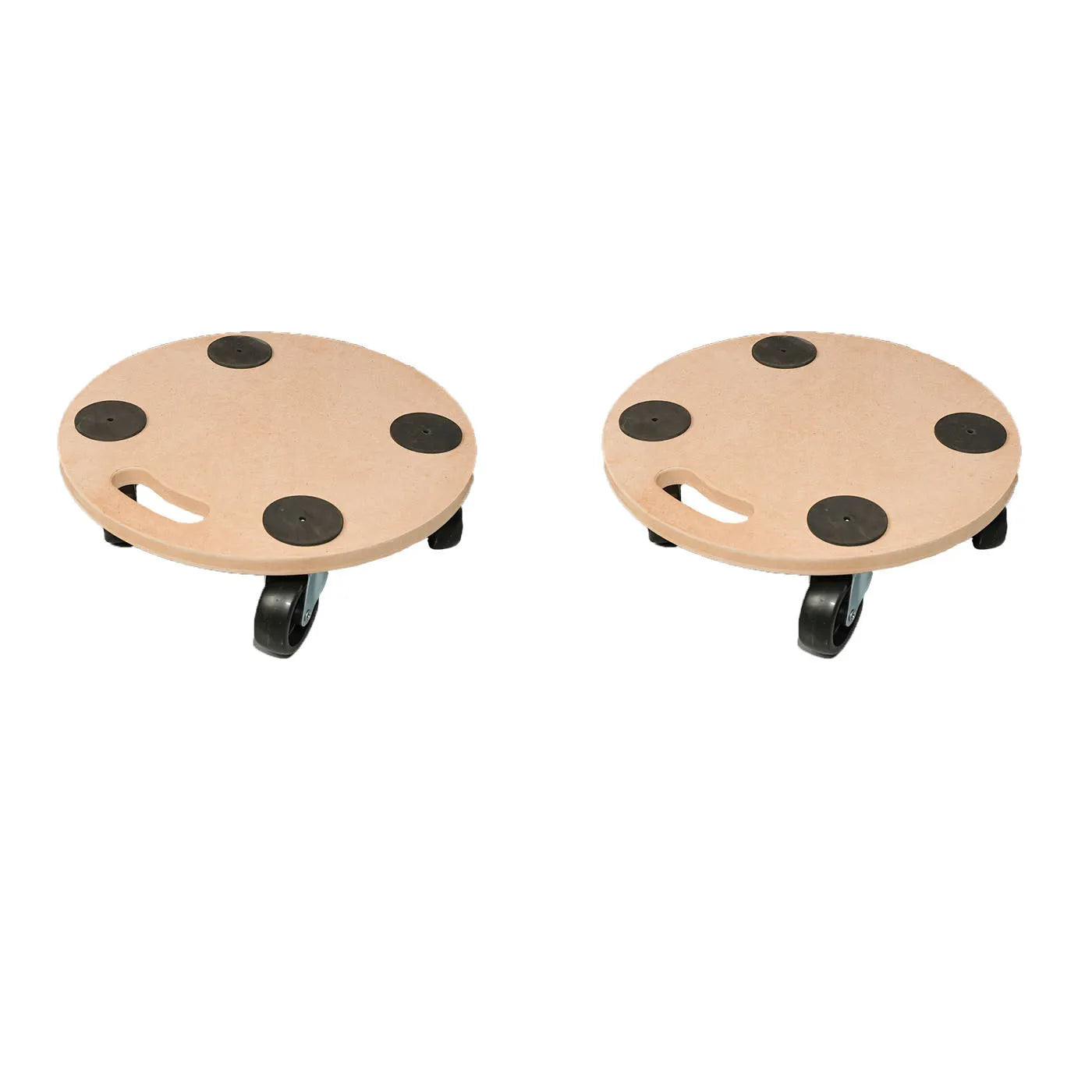 Two natural wood colour moving trolleys with non-slip platforms and wheels for heavy item transport