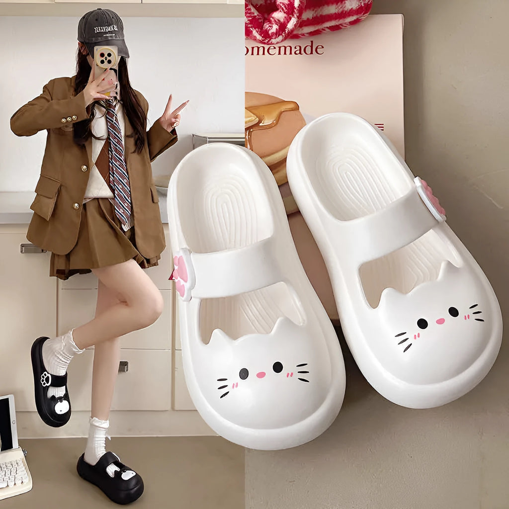 Cartoon closed-toe EVA slippers in white with thick non-slip sole