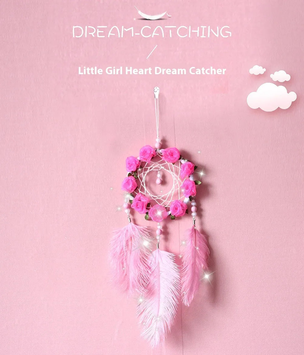 Pink ostrich feather dreamcatcher wind chime wall decoration measuring 10cm