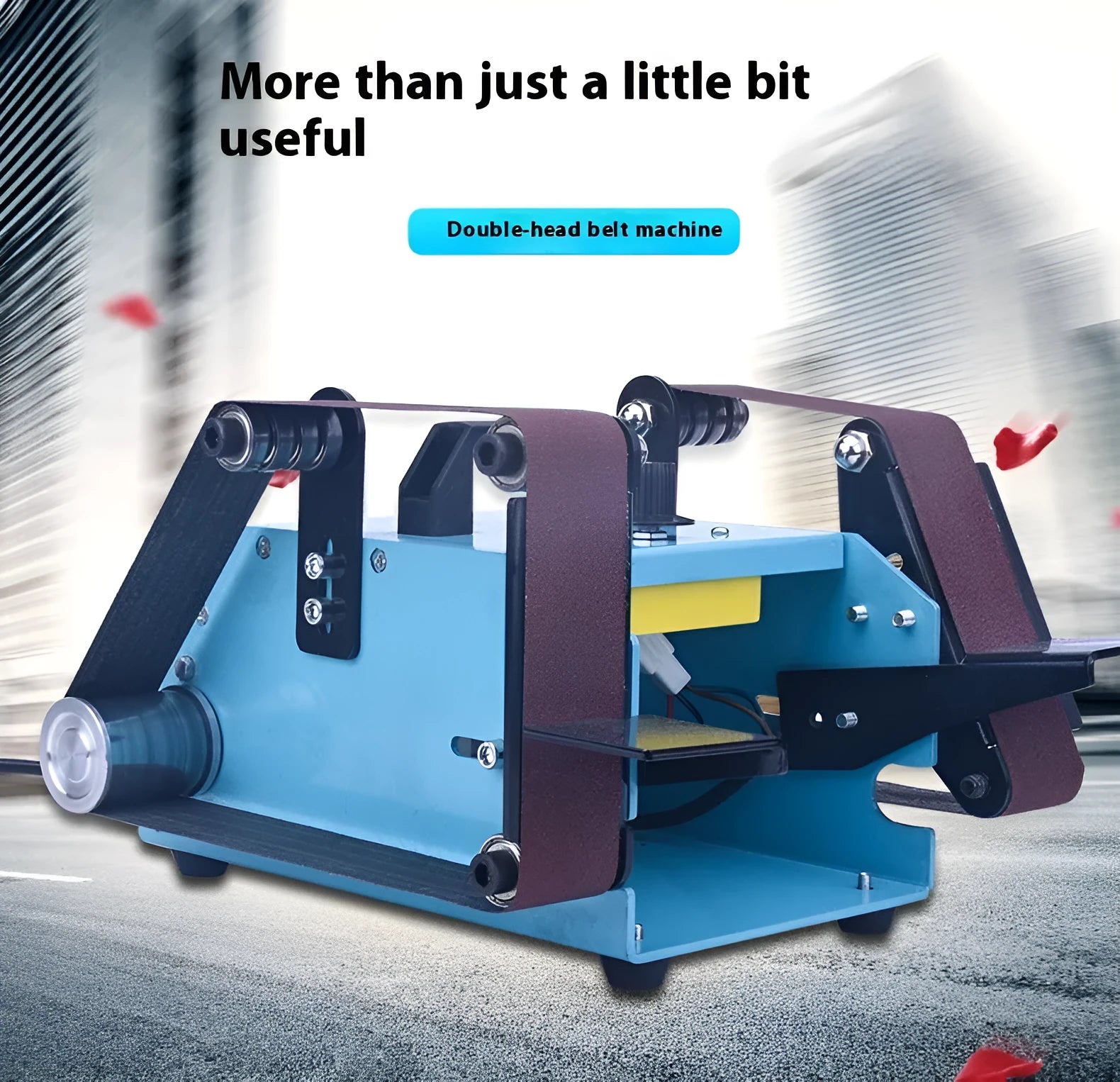 Blue desktop dual-axis belt sander with a 750W motor and variable speed control switch.