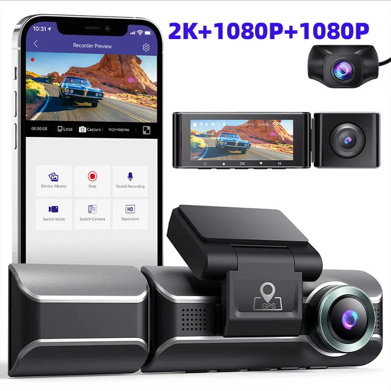 2K driving recorder with front and rear cameras, 3 inch screen, WIFI and GPS functions