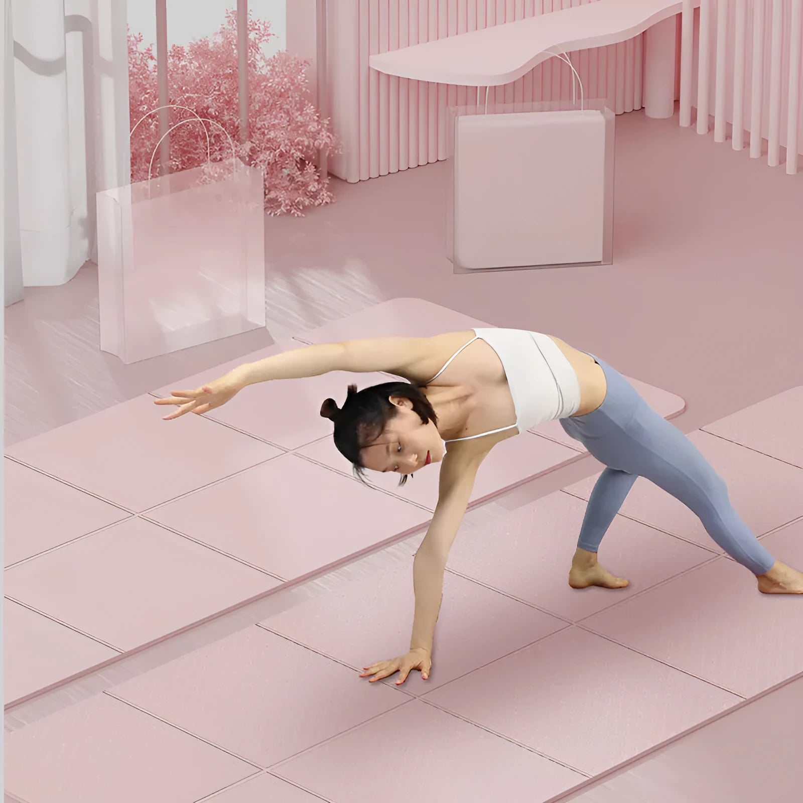 A folded and unfolded purple TPE gymnastic mat on a floor, showing its portable design.