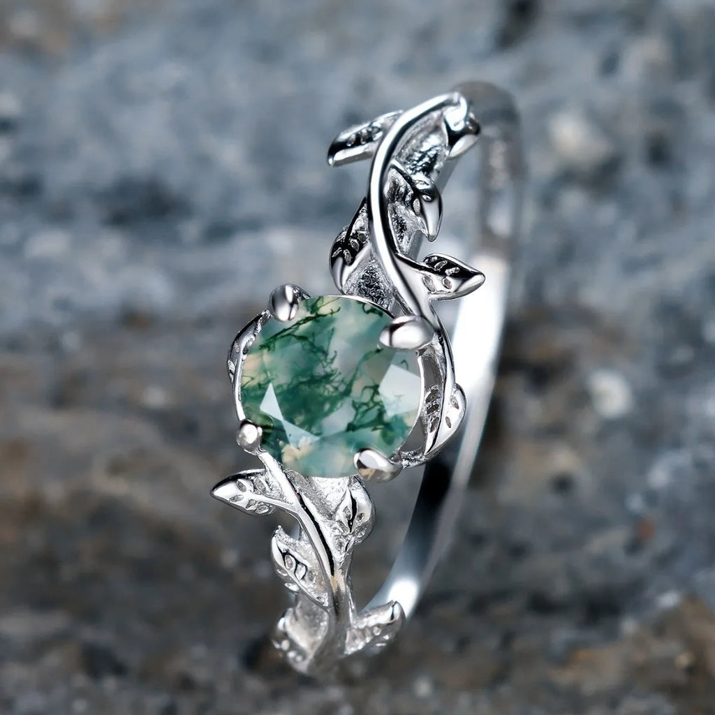 Women's copper ring with moss agate and aquamarine stones in a flower shape, electroplated finish, size option shown