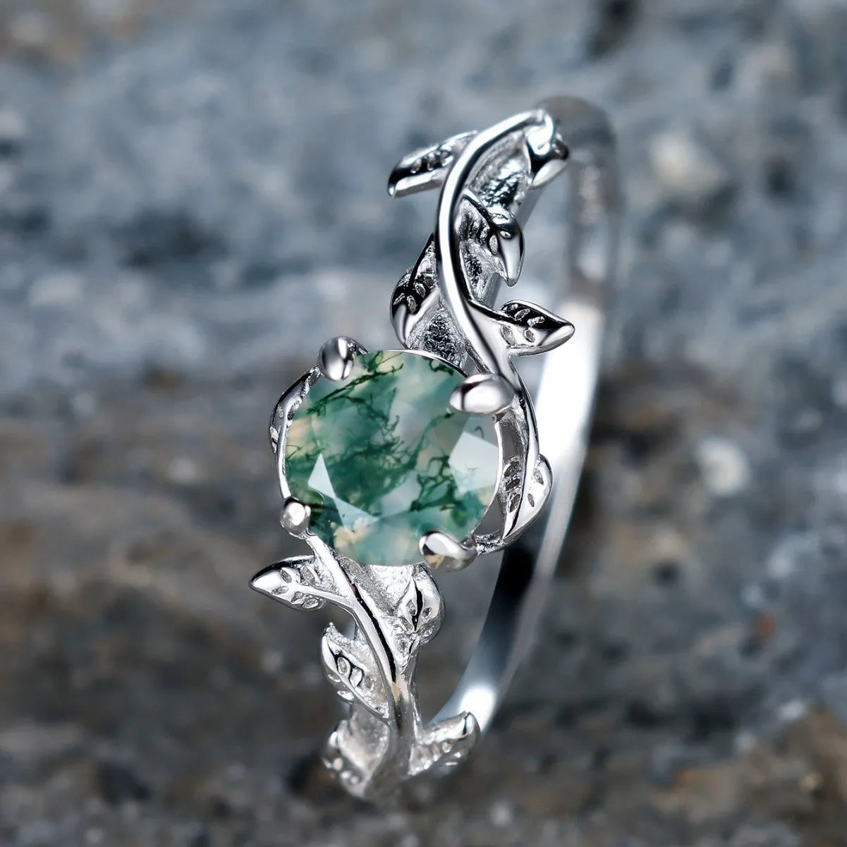 Women's copper ring with moss agate and aquamarine stones in a flower shape, electroplated finish, size option shown