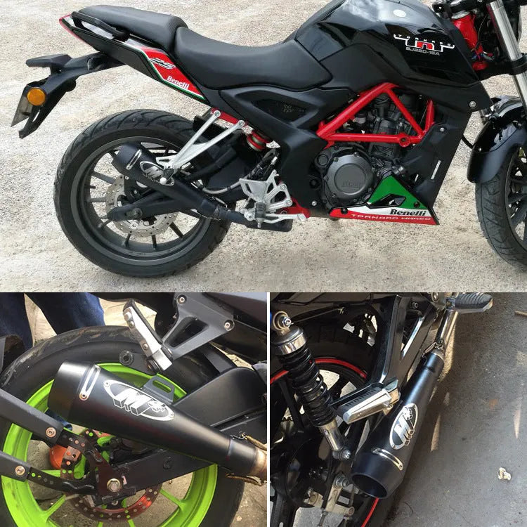 Universal M4 style motorcycle exhaust pipe in various colour finishes for large displacement bikes.