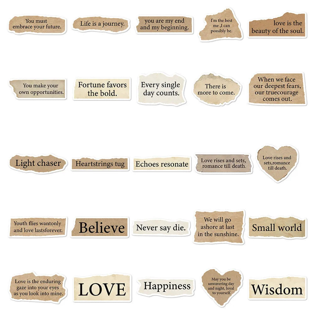 Set of 25 torn English design decorative stickers for laptops and notebooks with repositionable adhesive