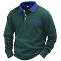 A man wearing a long-sleeved waffle knit polo shirt in a solid colour with a loose, retro fit.