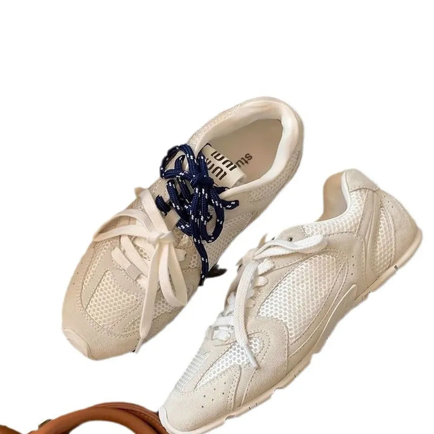 Women's retro German training casual shoes in khaki with flat heel, round toe, and front lace-up design.