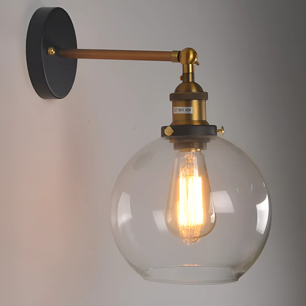 20cm diameter retro round ball glass wall lamp with aluminium holder in amber, smoky grey or clear colour.