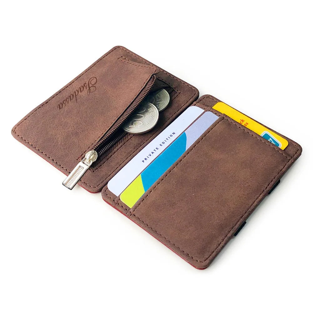 Korean style matte leather magic wallet in horizontal square shape, showing coin pocket and sewing line detail.