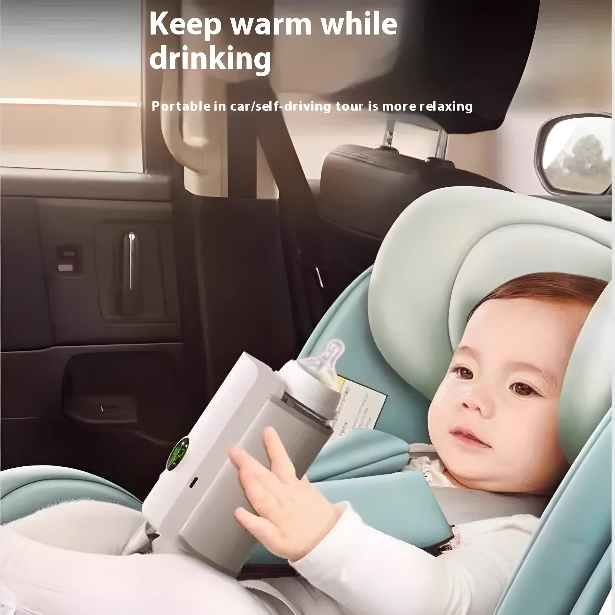 Grey and white car charger electric milk warmer for baby bottles with 12V plug.